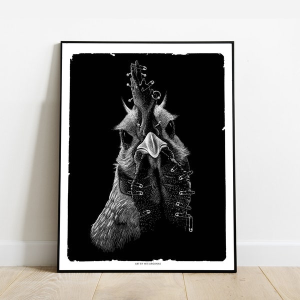 Affiche Poster POULET noir et blanc 30x40 cm par Will Argunas