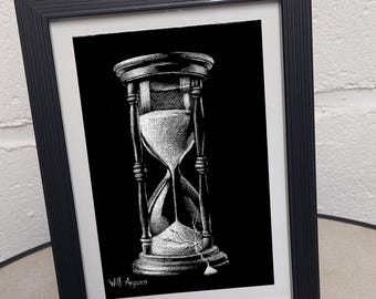 Dessin "Tempus Fugit" réalisé à la carte à gratter, oeuvre d'art originale et unique 10 x 15 cm par Will Argunas