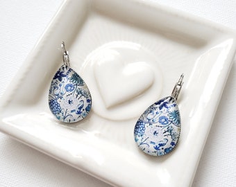 Statement boho earrings Silver leaf flower earrings Blue dangle drop earrings Gift for her mom wife Stainless steel hypoallergenic teardrops
