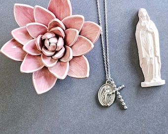 Miraculous Medal necklace Catholic gifts for women Silver Miraculous Medal Virgin Mary necklace Silver cross necklace Catholic jewelry Gifts