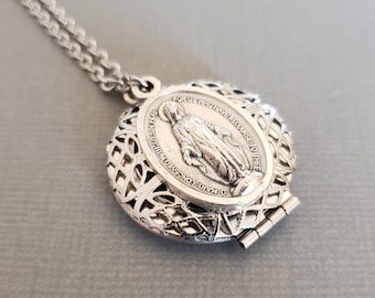 Catholic silver locket necklace Miraculous Medal necklace Catholic jewelry for women Virgin Mary Long necklaces Silver photo locket pendant