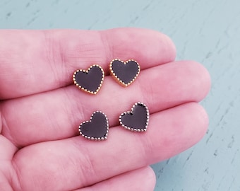 Stainless steel black heart stud earrings Gold stud earrings Heart earrings Black earrings Hypoallergenic Studs Silver stud Sensitive ears