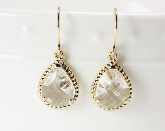 Clear crystal diamond glass gold tear shape dangle drop earrings.  Bridal earrings.  Bridesmaids earrings.  Wedding jewelry