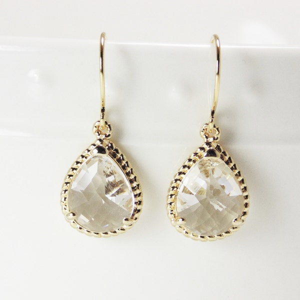 Clear crystal diamond glass gold tear shape dangle drop earrings.  Bridal earrings.  Bridesmaids earrings.  Wedding jewelry