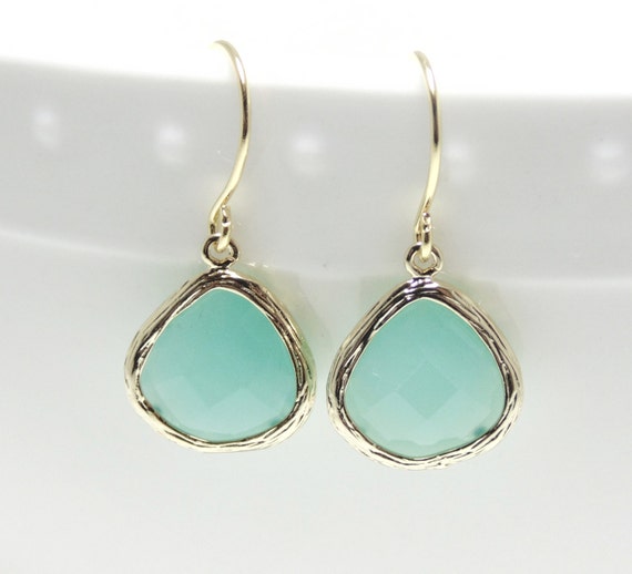 Mint earring. Gold mint glass earrings. Aqua earring. Tear Etsy