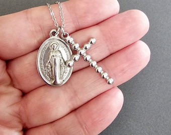 Miraculous Medal necklace Catholic gifts for women Silver Miraculous Medal Virgin Mary necklace Catholic jewelry Gifts Silver cross necklace