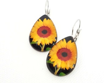 Sunflower dangle earrings Flower bohemian earrings Boho statement earrings Teardrop glass earrings Silver stainless steel earrings