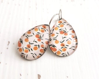 Orange statement earrings Flower silver earrings Orange flower dangle Hypoallergenic stainless steel Silver lever back Boho dangle leaf drop