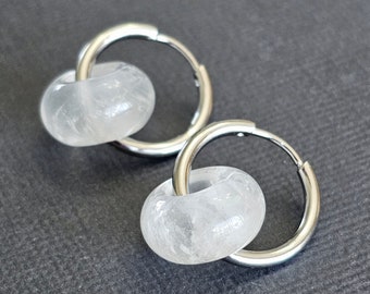 Crystal quartz earrings Clear quartz huggie hoop earrings Gemstone crystal hoops Silver hoop earrings Hypoallergenic Gemstone hoop earrings