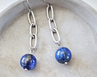 Lapis Lazuli drop earrings, Lapis dangle earrings, silver earrings, Long stainless steel earrings, Blue gemstone statement earrings