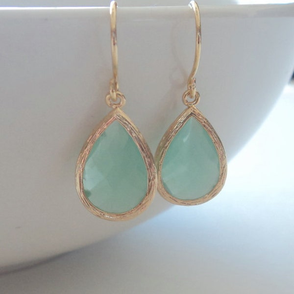 Mint aqua chalcedony aquamarine glass and gold dangle tear shape earrings.  Bridal earrings.  Bridesmaids earrings. Wedding jewelry.