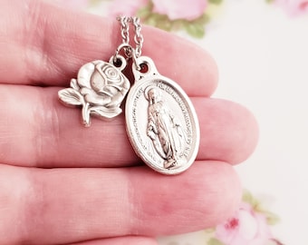 Silver Miraculous Medal Catholic jewelry Miraculous Medal necklace Silver rose necklace Virgin Mary Catholic gifts for women Anxiety relief