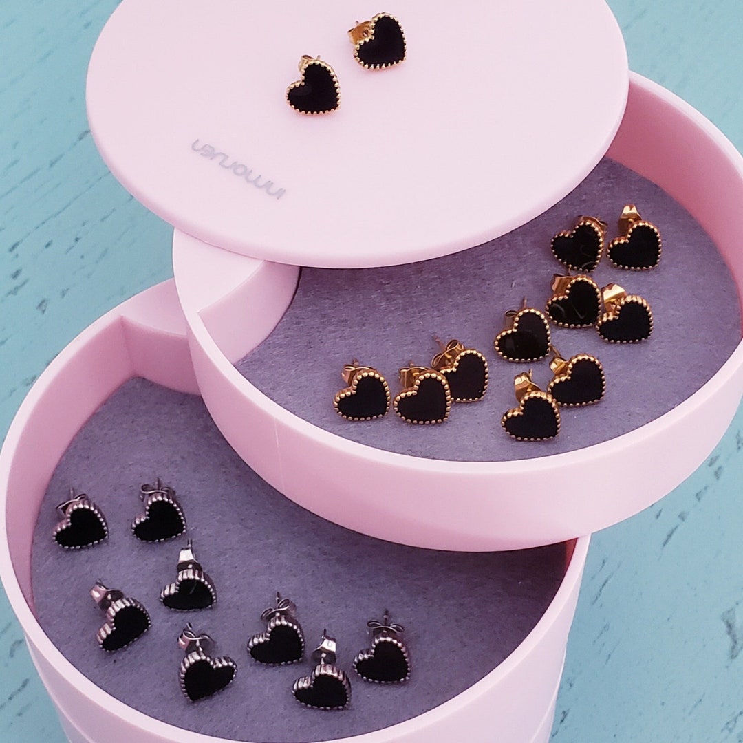 Black Heart Stud Earrings Stainless Steel Gold Stud Earrings Heart Earrings Black Earrings