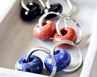 Obsidian earrings Obsidian huggie hoop earrings Gemstone crystal hoops Silver hoop earrings Hypoallergenic Gemstone hoop earrings