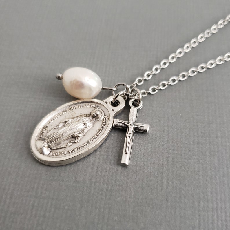 Miraculous Medal Pearl Necklace Miraculous Medal Cross - Etsy