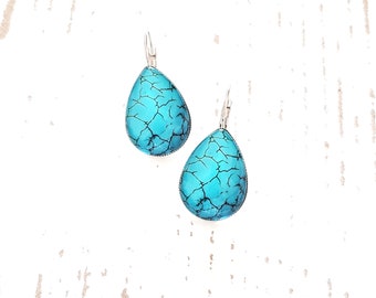 Turquoise blue earrings Statement dangle earrings Boho silver earrings Hypoallergenic long tear drop Bridesmaid bridal wedding jewelry Gift