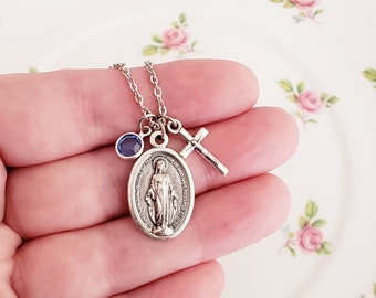 Virgin Mary necklace Catholic jewelry Miraculous Medal necklace Silver cross necklace Personalized birthstone initial charm necklace