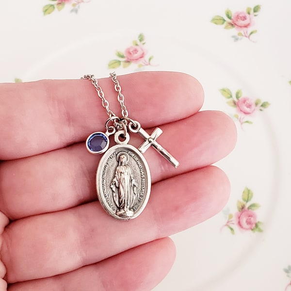 Miraculous Medal necklace Catholic jewelry Initial cross necklace Catholic gifts Virgin Mary Silver Miraculous Medal Anxiety Relief