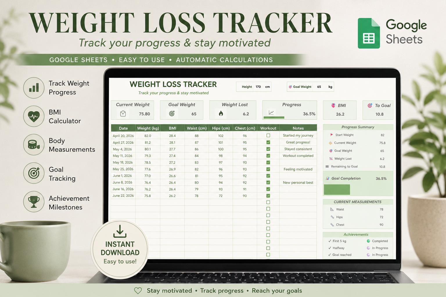 Weight Loss Tracker Google Sheets BMI, Measurements, Progress Dashboard (Digital Download)