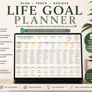 Könnte beinhalten: Eine digitale Life Goal Planner Google Sheets Vorlage auf einem Laptop-Bildschirm. Die Benutzeroberfläche zeigt Spalten für verschiedene Lebensbereiche, Fortschrittskreise, Aufgabenlisten und Meilenstein-Tracker mit Text wie Plan, Track, Achieve.