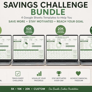 May include: A digital savings challenge bundle featuring four Google Sheets templates displayed on laptops. The screens show 5K, 10K, 20K, and custom savings trackers with charts, tables, and progress bars in shades of green and white text.