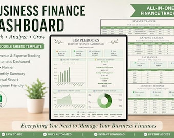 May include: A digital business finance dashboard Google Sheets template featuring a central screen displaying financial data, revenue, expenses, net profit, and tax summaries with green charts, graphs, and tables for tracking business performance.