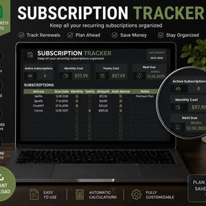 Subscription Tracker Google Sheets | Minimal Dark Theme Planner (Digital Download)