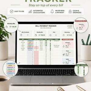 Puede incluir: Una plantilla digital de Google Sheets para un rastreador de pagos de facturas que se muestra en la pantalla de una computadora portátil. La interfaz incluye columnas para nombres de facturas, categorías, fechas de vencimiento y montos.