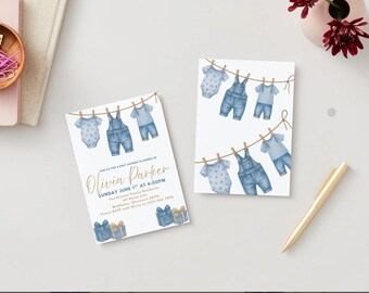 May include: Two baby shower invitations with watercolor illustrations of baby clothes hanging on a clothesline. The invitations feature the text "Olivia Parker" and event details. Blue gift box illustrations are also present.