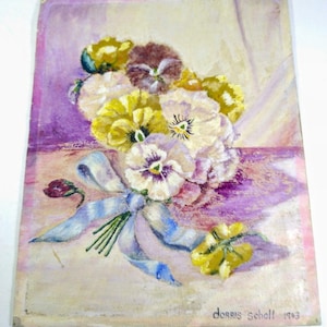 Pintura al óleo vintage de 1943 sobre lienzo y cartón, firmada, "Pensamientos", 20 x 25 cm