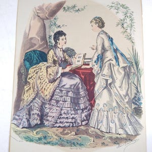 Antique Fashion Plate 8x10" Hand-Colored -- Portrays Two Women & Photo Album