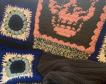 Crocheted Throw, Skull Mixed Up Granny Square with Eyes