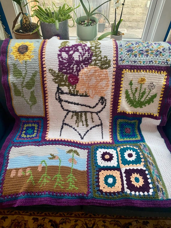 Handmade Crochet Flowers Throw - Botanical Lapghan Quilt