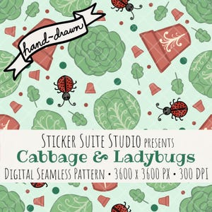 Cabbage & Ladybug Seamless Pattern, Whimsical Garden Digital Design (PNG Digital Download)