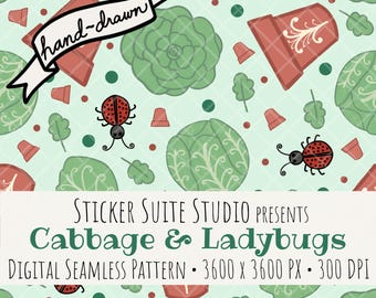 May include: A digital seamless pattern featuring hand-drawn illustrations of green cabbages, red ladybugs, and terracotta pots on a light green background. The text reads "Cabbage & Ladybugs" and "hand-drawn".