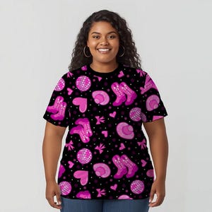 Pink Cowboy Boots, Hearts and Disco Balls Pattern Women's Short Sleeve Shirt | All-Over Print