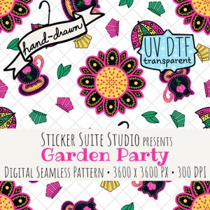 May include: A digital seamless pattern with a white background, featuring hand-drawn floral and garden-themed illustrations. The design includes flowers, umbrellas, and the text "Garden Party". The pattern is 3600 x 3600 pixels.