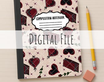 May include: A composition notebook with a beige background featuring a repeating pattern of dark red hearts, small stars, and books. The cover has a white label with the text COMPOSITION NOTEBOOK and lines for writing. A yellow pencil sits nearby.