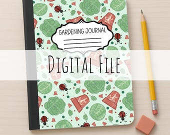 May include: A gardening journal with a light green cover featuring a repeating pattern of red ladybugs, green succulents, and terracotta pots. The cover includes a white label with the text GARDENING JOURNAL and DIGITAL FILE.