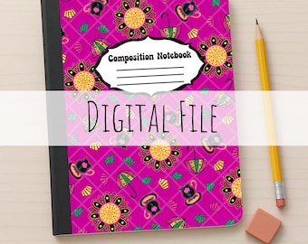 May include: A composition notebook with a vibrant magenta cover featuring a repeating pattern of yellow flowers, colorful umbrellas, and small green leaves. The cover includes a white label with the text Composition Notebook and Digital File.