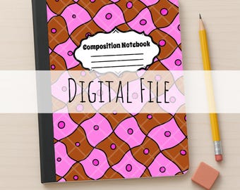 May include: A composition notebook with a pink and brown wavy grid pattern featuring small dots. The cover has a white label with the text Composition Notebook and a large overlay stating DIGITAL FILE. A yellow pencil and eraser are nearby.