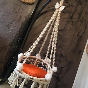 Hamac en macramé pour chat, lit bohème pour chat suspendu, balançoire pour animal de compagnie faite main, meubles pour chat en fibre naturelle, hamac Ekru 50 cm avec fixation au plafond