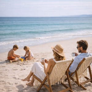 Puede incluir: Una familia disfruta de un día en la playa. Dos adultos están sentados en sillas de playa de madera con respaldos tejidos, sosteniendo tazas. Los niños juegan en la arena cerca del agua. La escena es soleada, con el océano al fondo.
