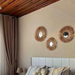 Hamdmade raffia Tassel mirror set, Wall decoration, Round mirrors