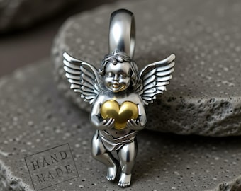 Cupid Angel Necklace: Sterling Silver with Gold Heart Charm