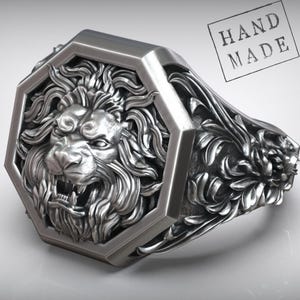 バロック模様のライオンヘッドシグネットリング、男性用ハンドメイドロイヤルクレストリング、大胆なゴシックジュエリーギフト、キングシンボルのパワーステートメントリング