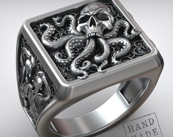 Kraken Tentacle Skull Ring, Nautical Jewelry, Pirate Band, Gothic Men’s Gift, Handmade Ocean Creature Accessory