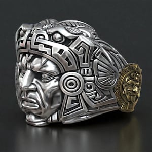 Aztec Warrior Ring Sterling Silver, Tribal Mayan Calendar, Gold Accent, Indigenous Jewelry, Ancient God Symbol, Handmade Men&#39;s Band