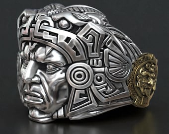 Handmade Sterling Silver Aztec Warrior Ring: Mayan Calendar Detail