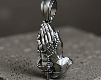 祈りの手ペンダント、ロザリオ付き祈りの手シルバーメンズネックレス